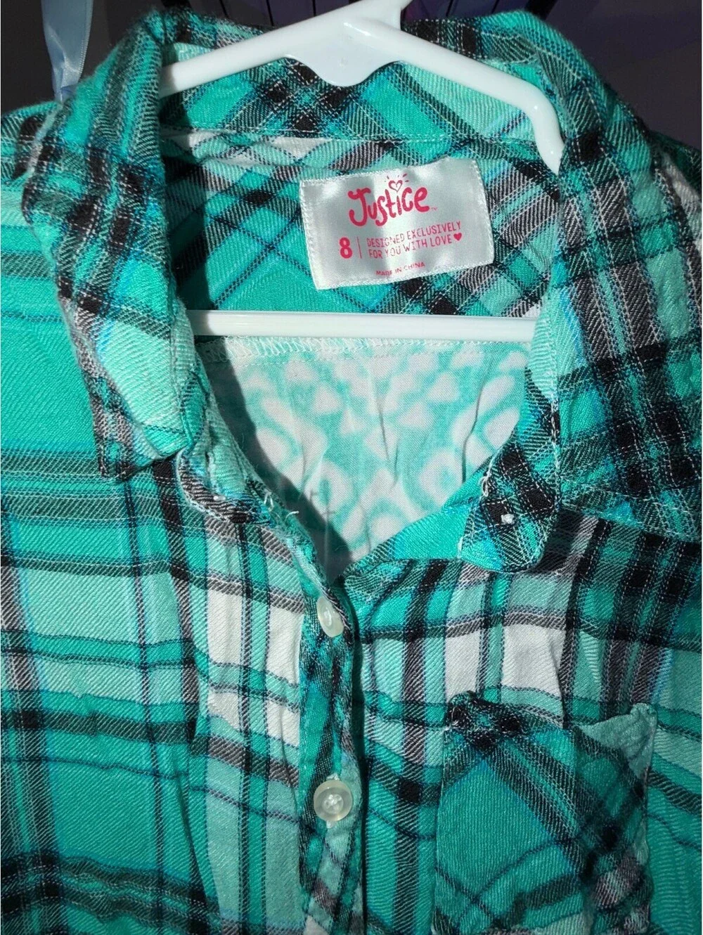 Girls Size 8 Teal, Black & White Plaid Long Sleeve Button Up Shirt by Justice